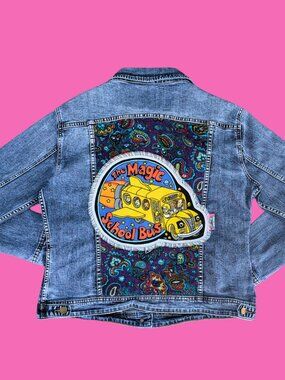 Magic School Bus Upcycled T-Shirt Denim Jacket Size 1XL for Women (Smaller Fit)